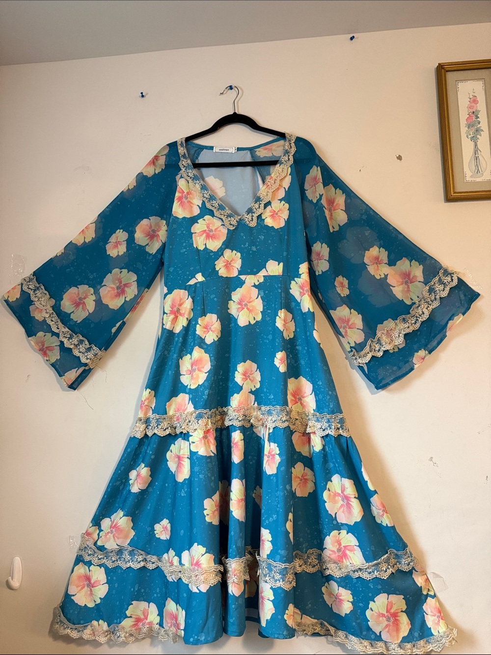 Soolinen Boho Wedding Guest Floral Midi Dress in Teal with Lace Trim M